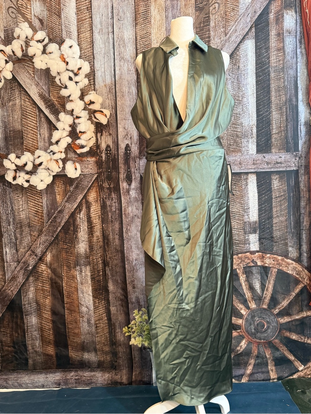 Xscape Olive Green Sleeveless Satin Wrap Maxi Dress